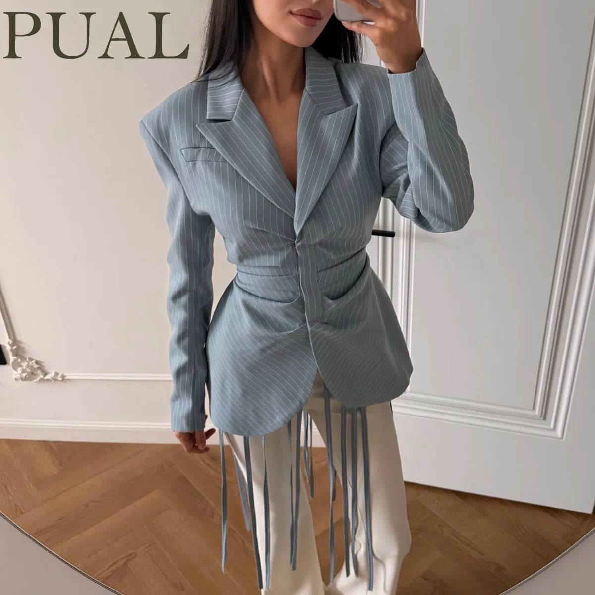 

PUAL Elegant Pinstripe Ruched Blazer For Women Padded Shoulder Notched Lapel Tie Waist Fringe Hem Office & Daily Wear Blazers