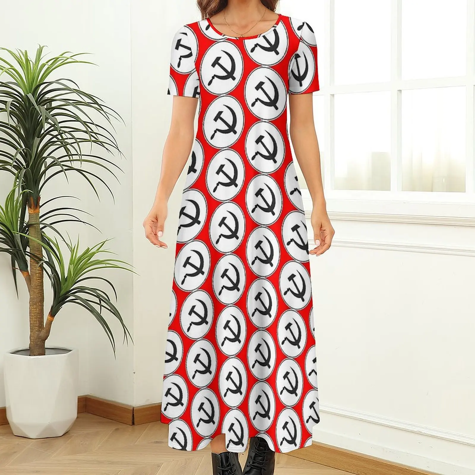 CCCT Hammer And Sickle A Symbol of Communism Dress Retro Maxi Dress Short Sleeve Street Wear Bohemia Long Dresses Women Vestidos