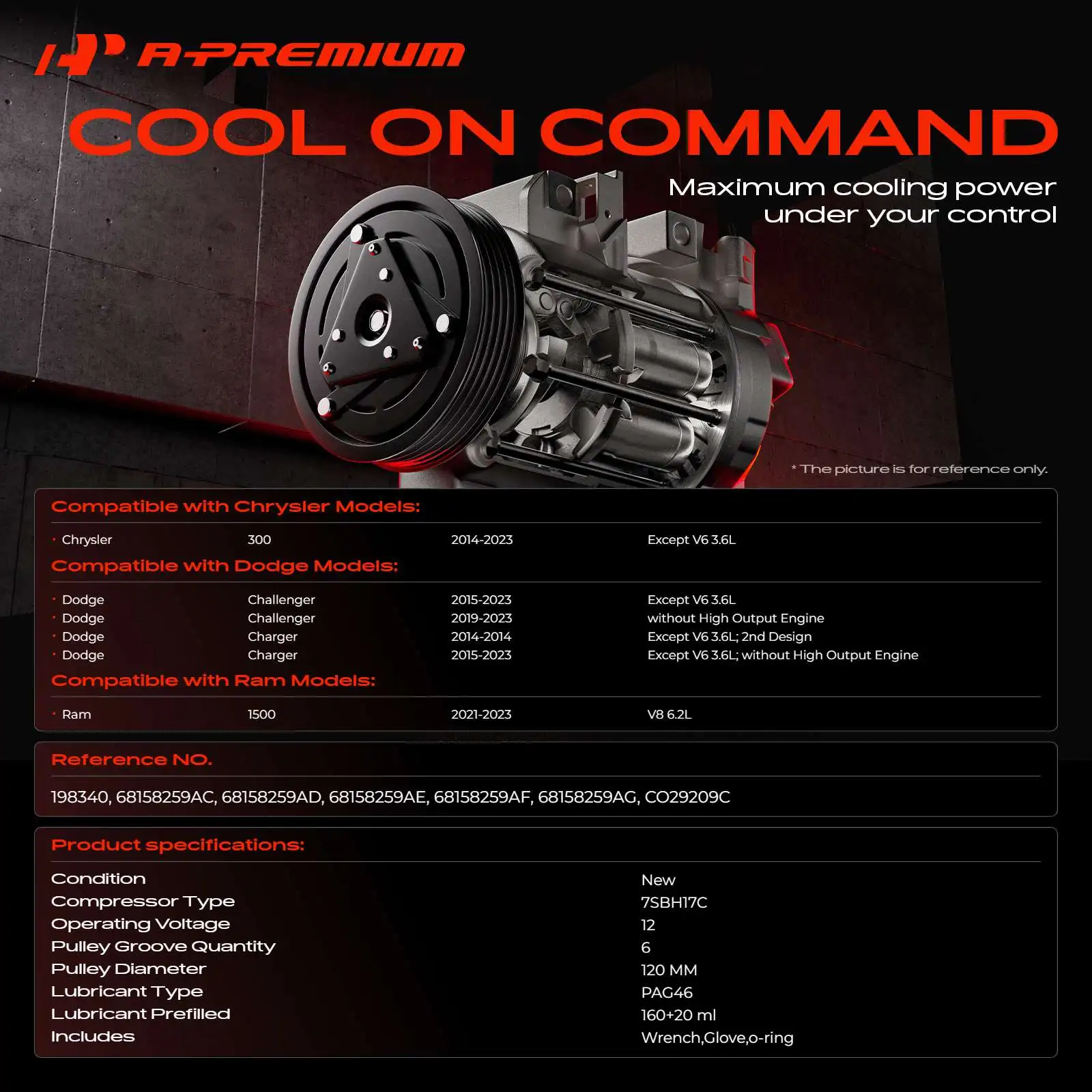 A-Premium AC Compressor with Clutch & 6-Groove for Ram 1500 2021-2023 Dodge Charger 2014-2023 Challenger 2015-2023 Chrysler 300