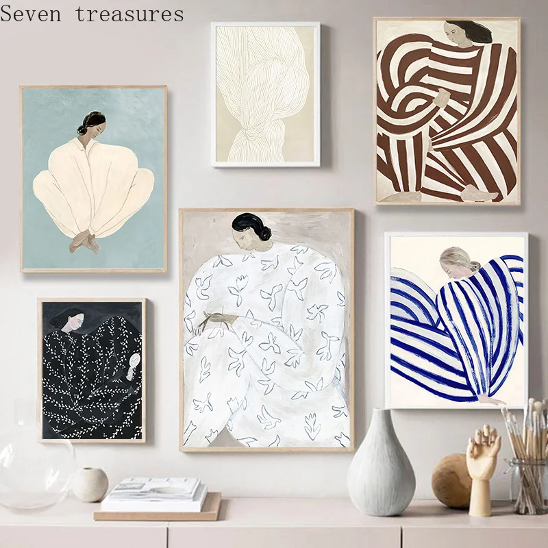 Abstract Woman Artwork Canvas Print Cool Color Vintage Painting Nordic Poster  Line Art Drawing Wall Picture Modern Home Decor