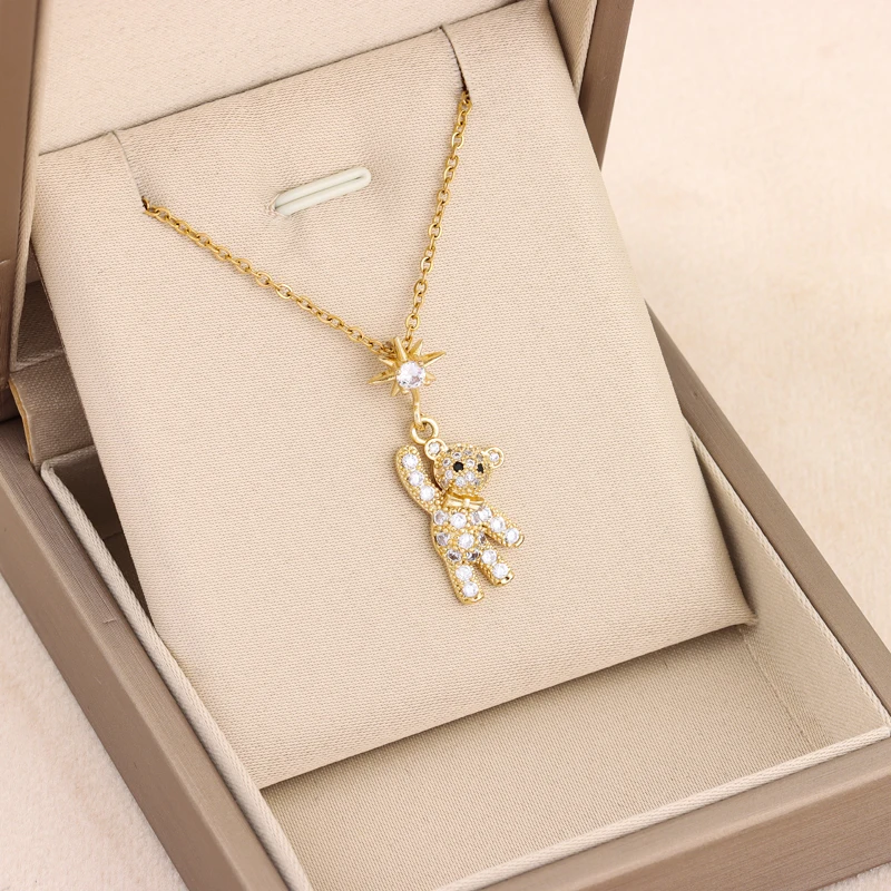 New Cute Hello Bear Pendant Necklaces For Women Temperament Fashion Stainless Steel Female Clavicle Chain Ladies Neck Jewelry