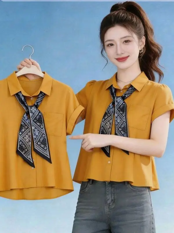 

Blue Collar Sleeveless Shirt Women Summer 2026 New Loose Casual Shirt Slimming Top with Silk Scarf Leisure Style