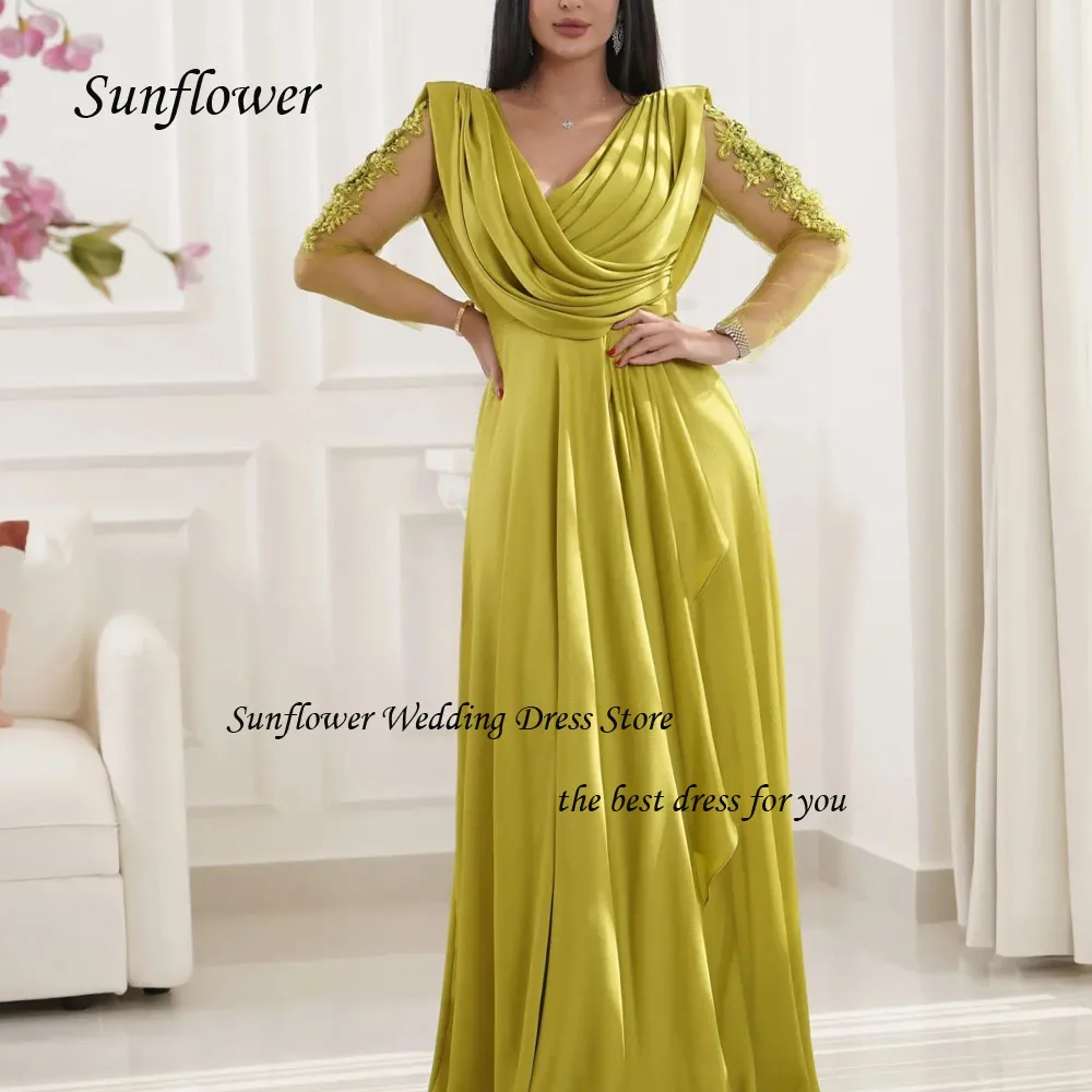 Sunflower V-Neck Formal Evening Dress 2023 Slim Chiffon Prom dress Lace Appliques Long Sleeve A-LINE Floor-Length Pary Dress