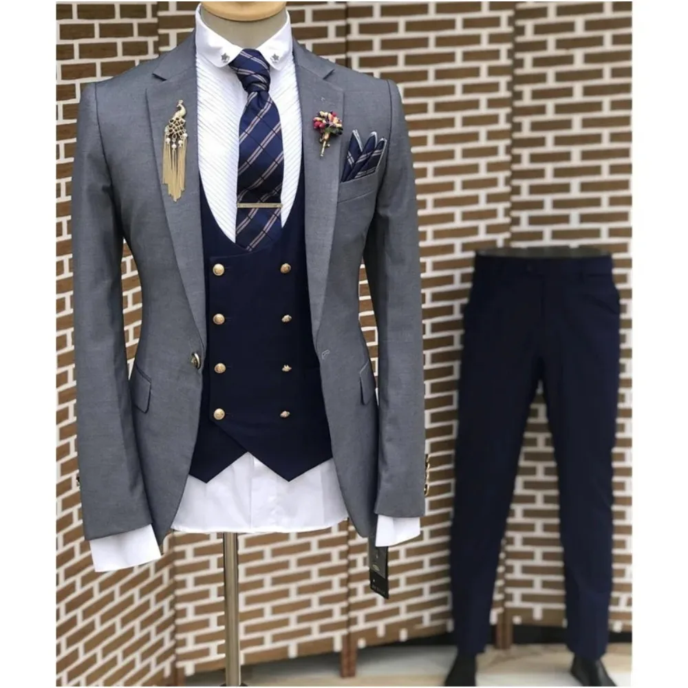 

Wedding Men's Suit 3 Piece Notched Lapel Formal Groom Tuxedo Jacket Navy Blue Pants Vest Male Blazer Custom Costume Homme