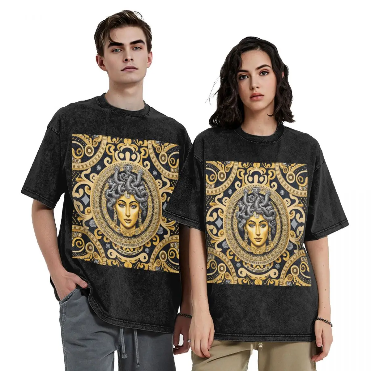 

Ancient Greece Medusa Gorgon Vintage Style Hip Hop Short Sleeve T-Shirts Washed Tops Tees T Shirt Cotton for Men Women