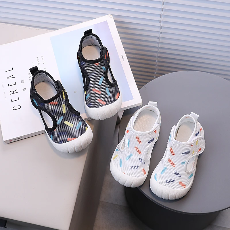 Summer Children Casual Shoes White Black Air Mesh Kids Shoe Hook-loop Hollow-out Beach Breathable Boys Girls Flat Shoe 21-30