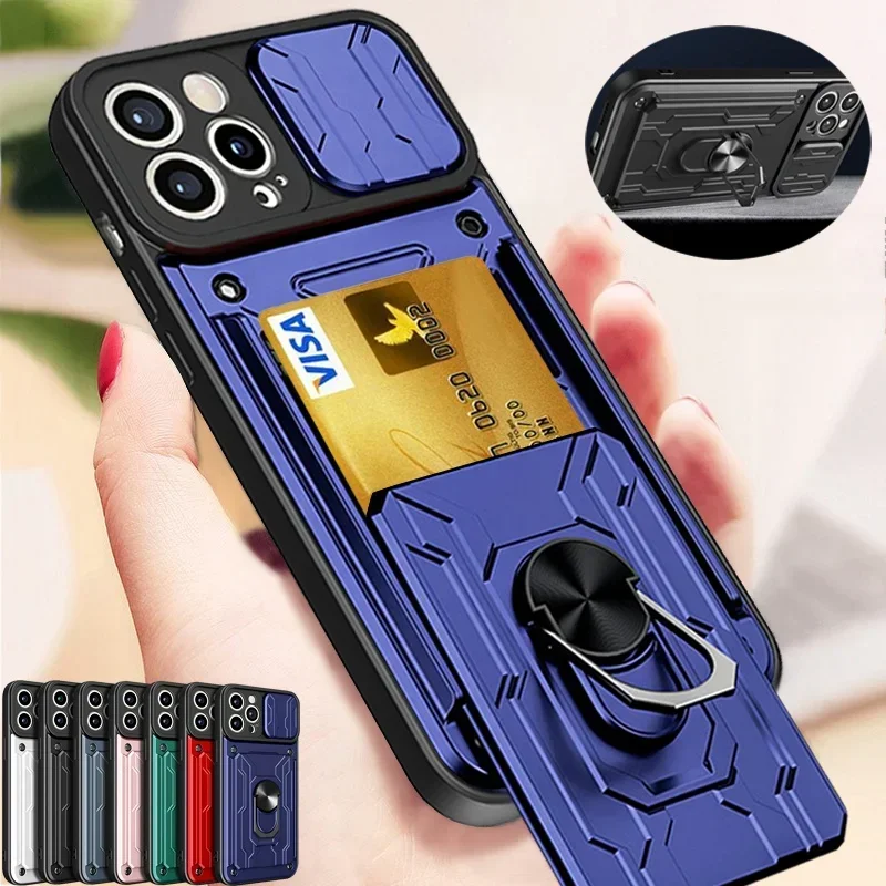 Shockproof Case For iPhone 16 15 14 Pro Max Plus 13 12 11 Pro Max XR X 8 7 Plus SE 2022 Rotation Metal Ring Stand And Card Slot