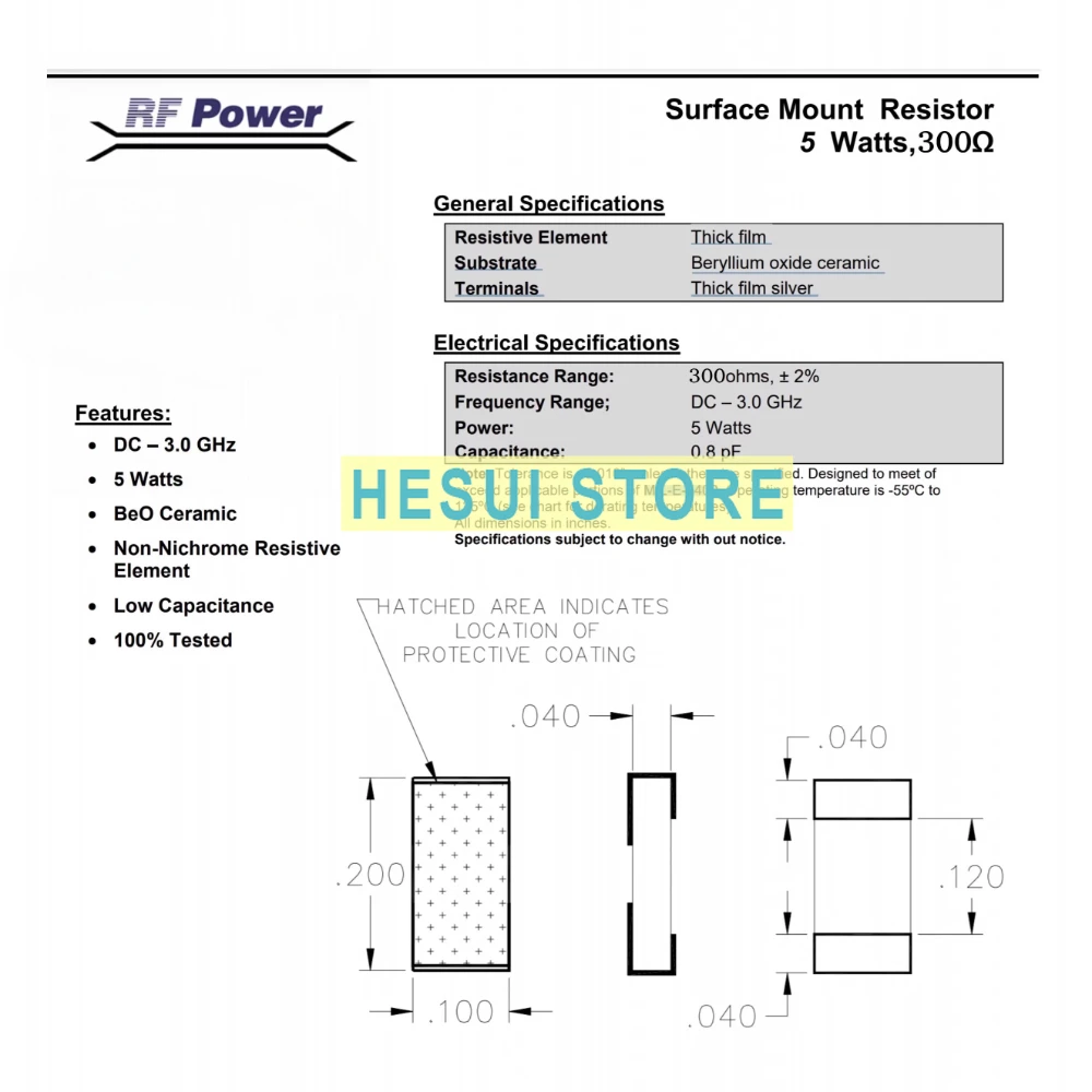 Beryllium Oxide 2010 SMD Micro RF Resistor, Aerospace Grade 300R Euro 5W 3GHz