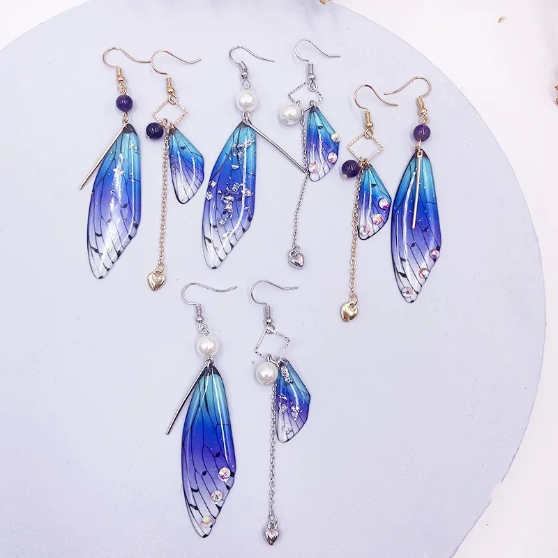 Minar Fantasy Rainbow Neon Color Resin Butterfly Cicada Wings Drop Earrings for Women Sequins Crystal Buttterfly Dangle Earrings