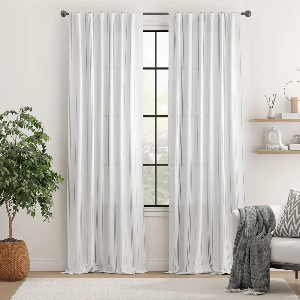 Modern Linen-Style Grey Striped Curtains, 96 Length, Privacy & Light Filtering, Back Tab, 2-Panel Set for Living Room & Bedroom