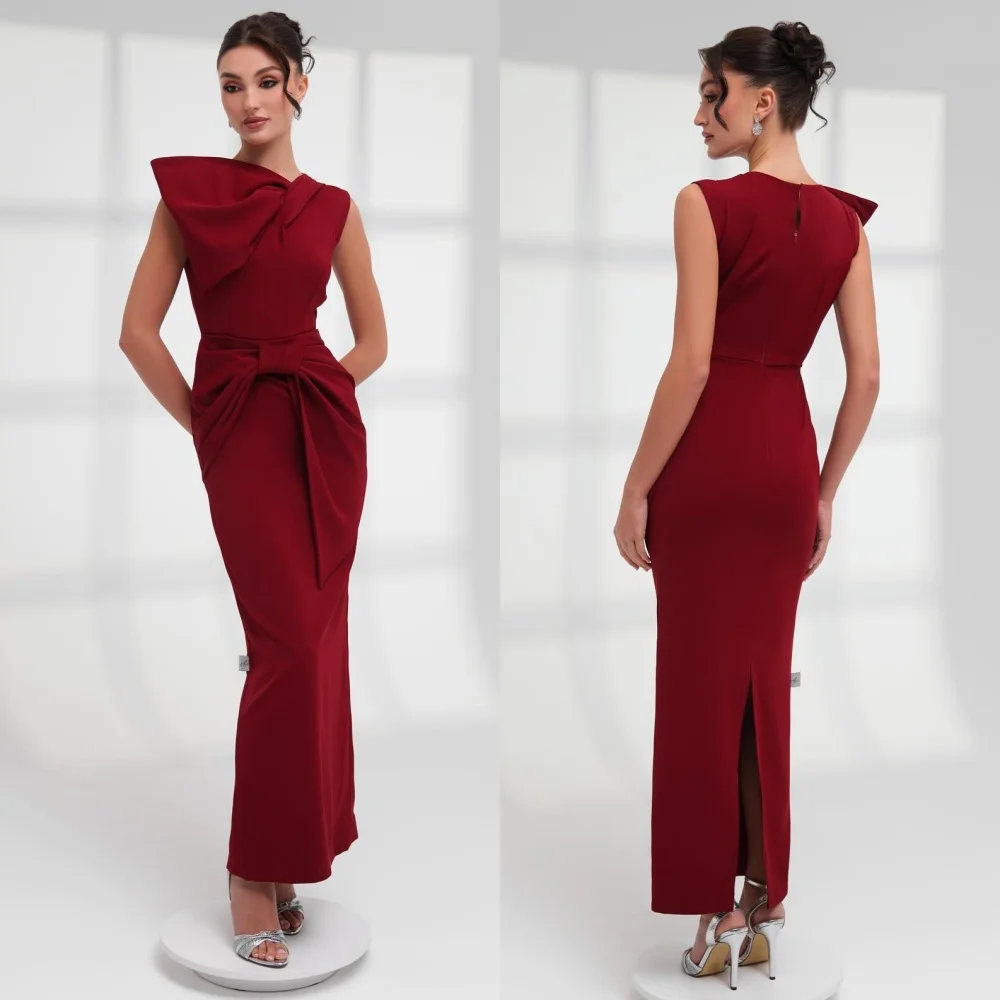 

Customized Modern Style Jersey Pleat Bow Straight High Collar Midi Dresses Bespoke Occasion Dresses Matching Exquisite Elegant