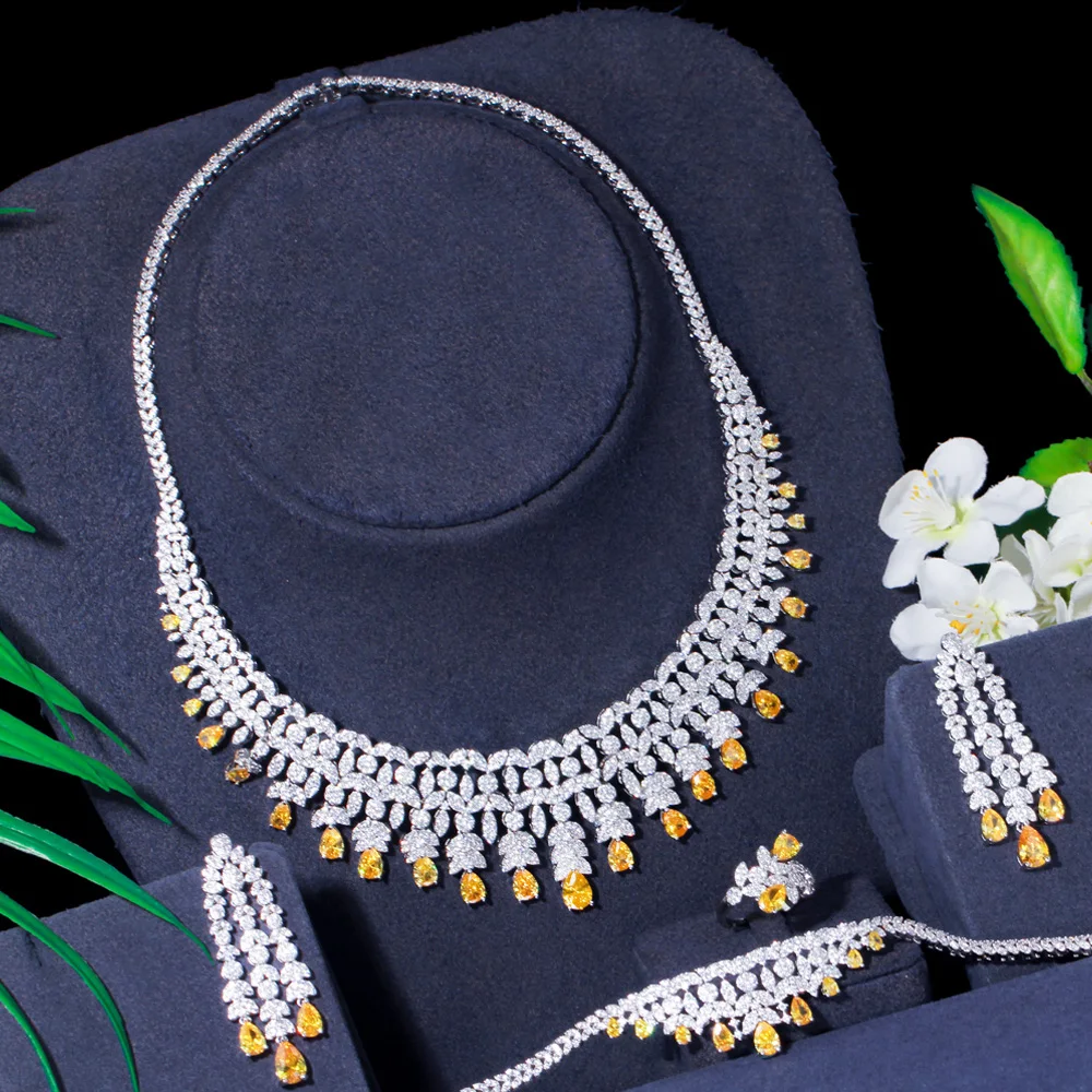 Pera Expensive Bridal 4Pcs Jewelry Set Yellow White CZ Stone Tassel Drop Choker Necklace Earrings Party Jewellry for Brides J523