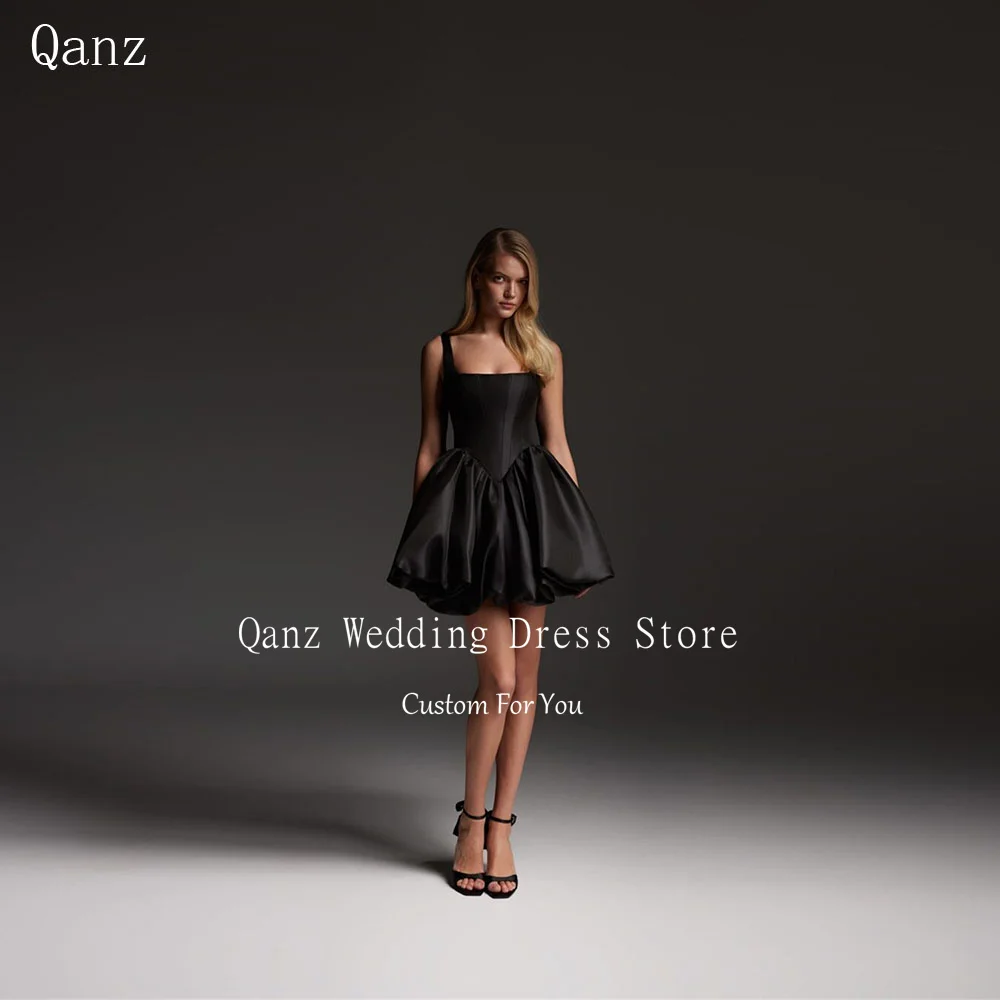 

Qanz Vintage Black Satin Prom Dress Mini A Line Backless Cocktail Dresses Short Women Puffy Birthday Party Gowns Customized