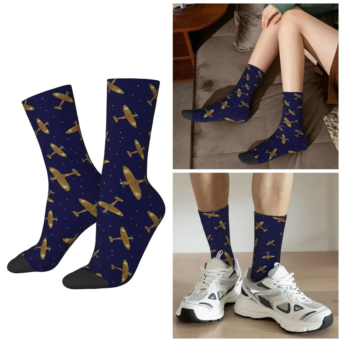 

All Seasons Spitfire War Planes In Flight On Navy Blue Socks Sport Middle Tube Socks Soft Hip Hop Stockings for Men Women