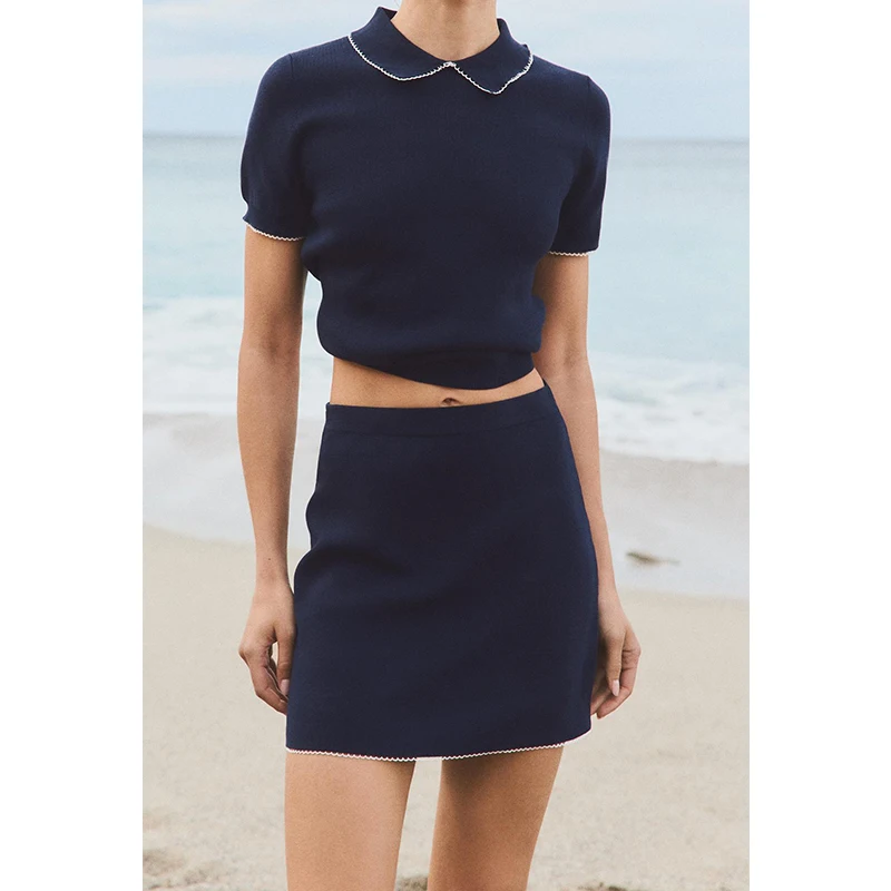 Falda de punto informal con cuello, diseño y decoración, conjunto superior ort Sve versátil para mujer, Faion de verano