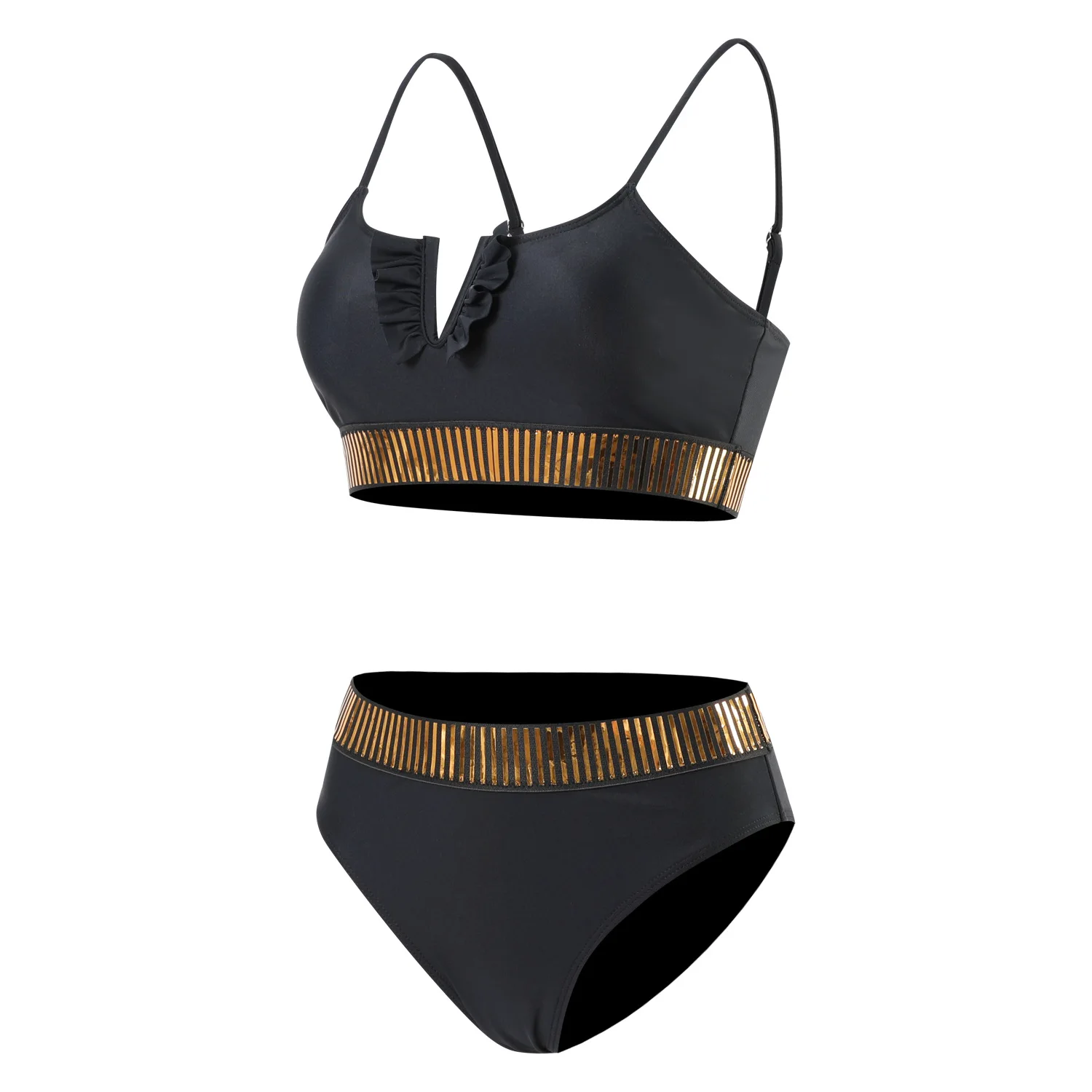 

Women's Black Gold Sequin Bikini Set Ruffle Trim Adjustable Tie Side Sexy Shiny High Waisted Beach Swimsuit
