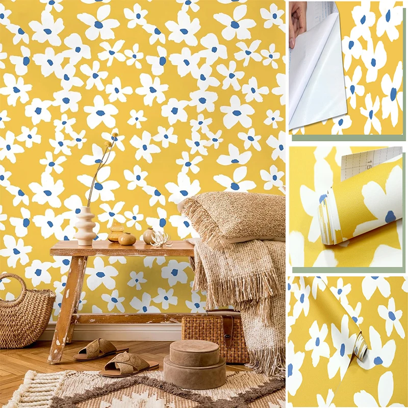 Yellow White Blue Floral Peel and Stick Wallpaper Removable Self Adhesive Textured Contact Paper for Bedroom Bathroom Home Decor