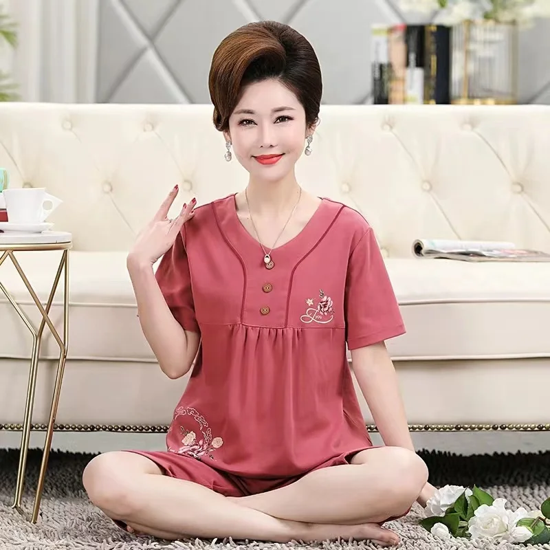 Fdfklak Middle-aged Elderly Pajamas Female Summer Cotton Short-sleeved Cropped Pants Suit Household Clothes Nightclothes Pijama