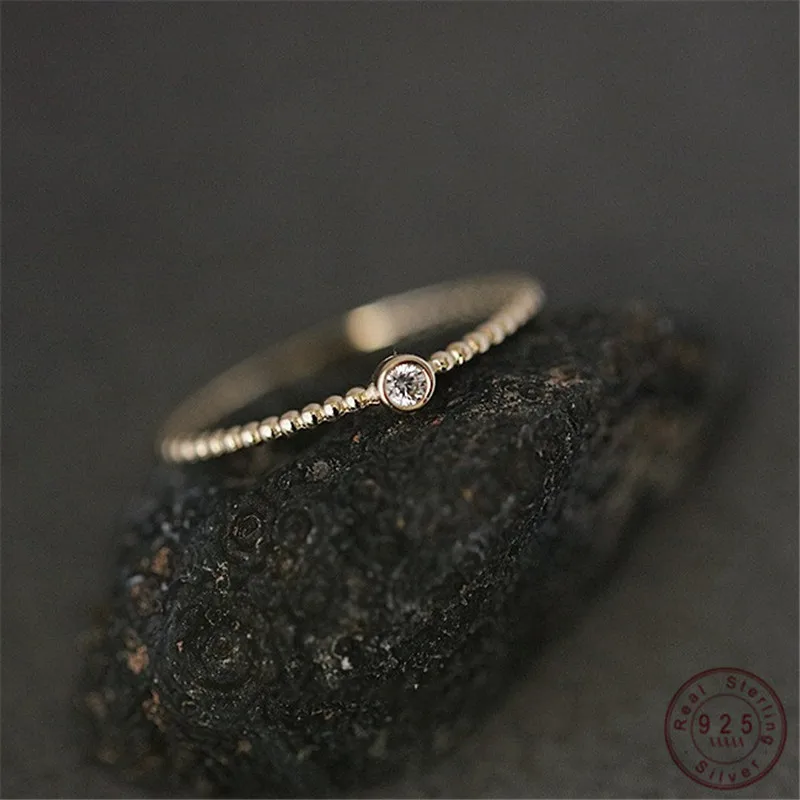 925 Sterling Silver Plated 14K Gold Single Zircon Ring for Women Korean Temperament Simple Jewelry Accessories