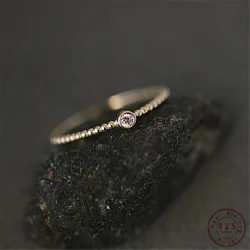 925 Sterling Silver Plated 14K Gold Single Zircon Ring for Women Korean Temperament Simple Jewelry Accessories