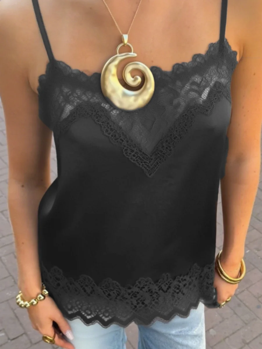 Débardeur en Satin pour femmes, garniture en dentelle, maille, col en V, haut Y2k, ample, bretelles Spaghetti, débardeur soyeux, Streetwear