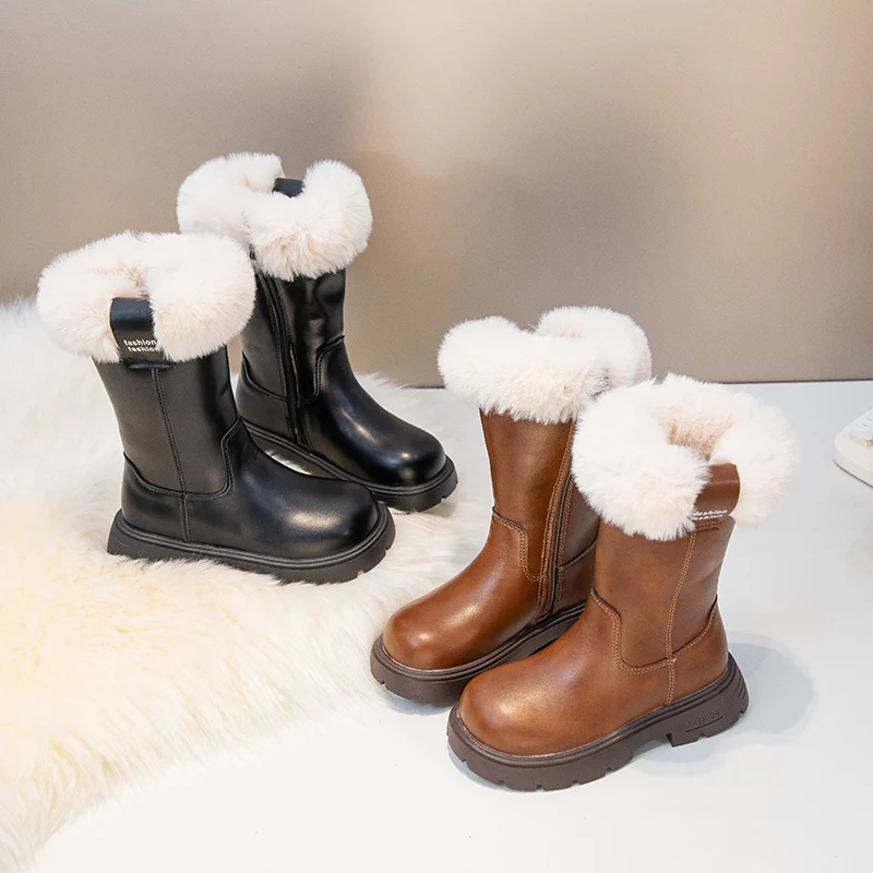 Little Girls Soft Flurry Collar Leather Boots 2026 New Winter Kids Warm-lined Mid-calf Boots Non-slip Princess Party Wedding