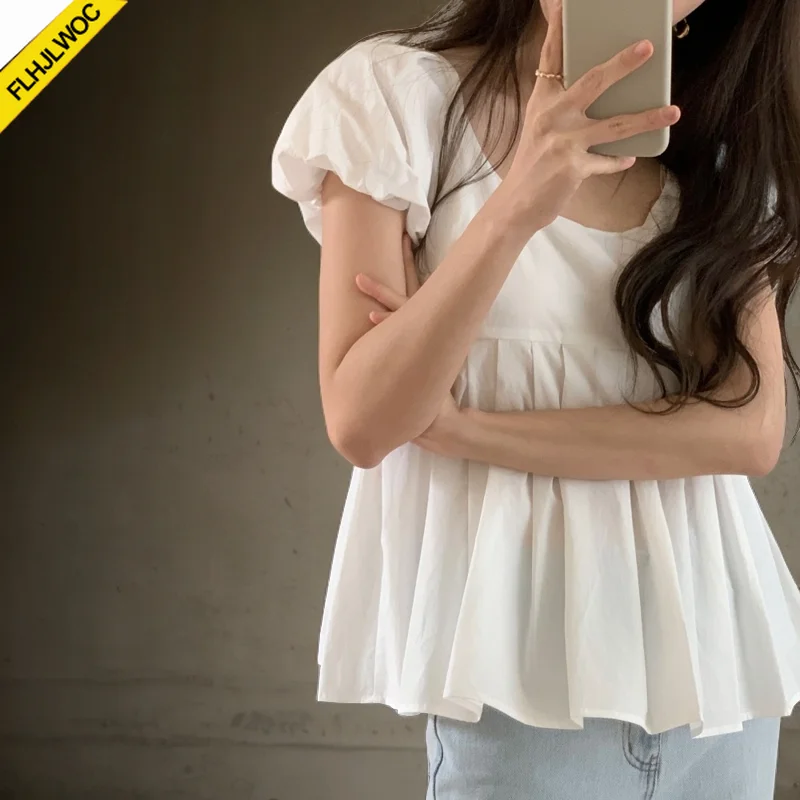 

Puff Sleeve Short Cotton Tops Blouses Hot Women Summer Holiday Date Lolita Style Japan Girls Solid Retro Vintage Shirts