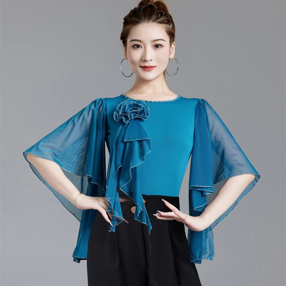 Tanzoberteil, Bankettsaal, lila, rot, T-Shirt, Pfauenblau, Rundhalsausschnitt, mittlere Ärmel, springender neuer Overall mit Lotusblatt-Ärmeln