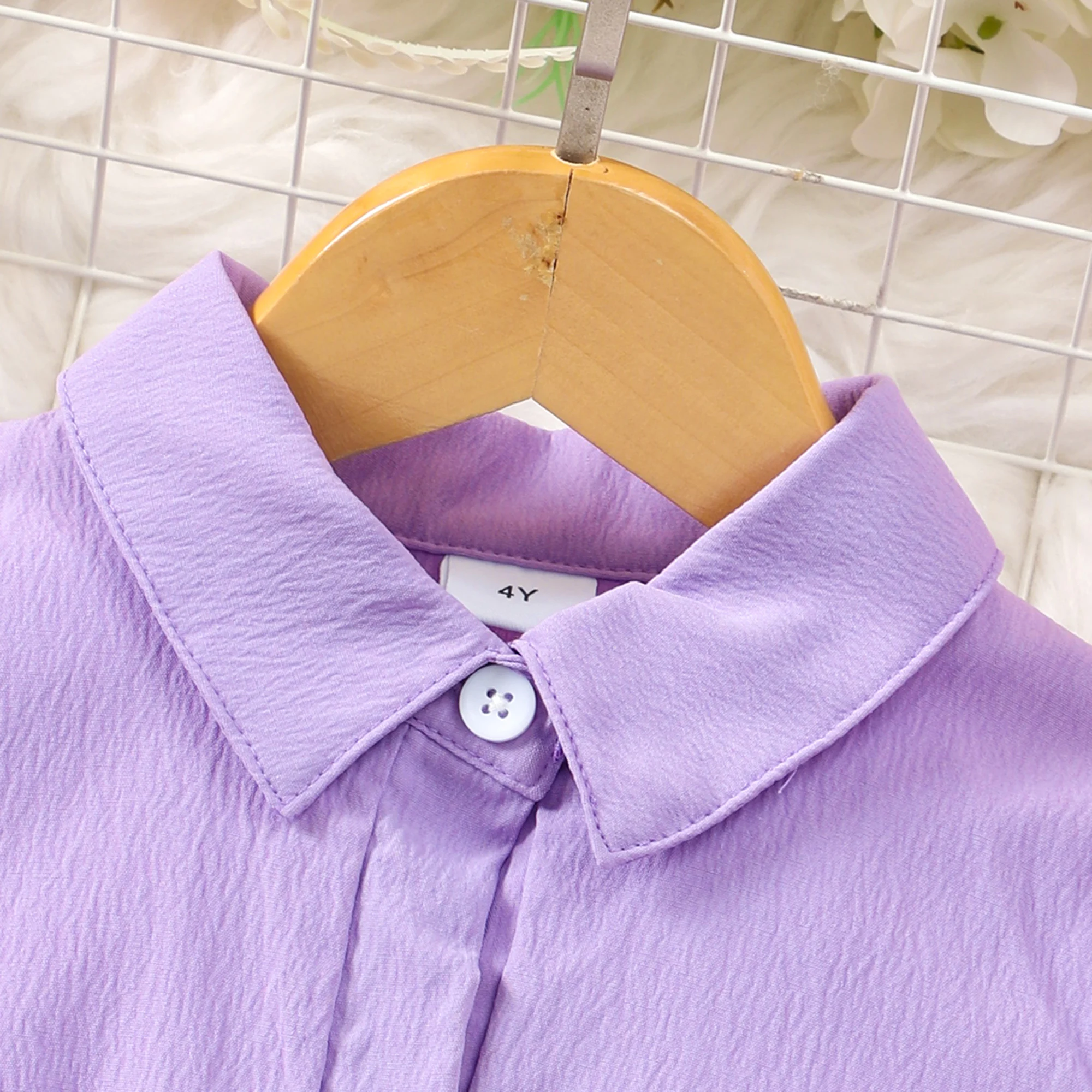 Kid Girls Dress Short Sleeve Summer Purple Fold-over Collar Single Row Buckle Children Dress Special Waist Flower Girls Clothing