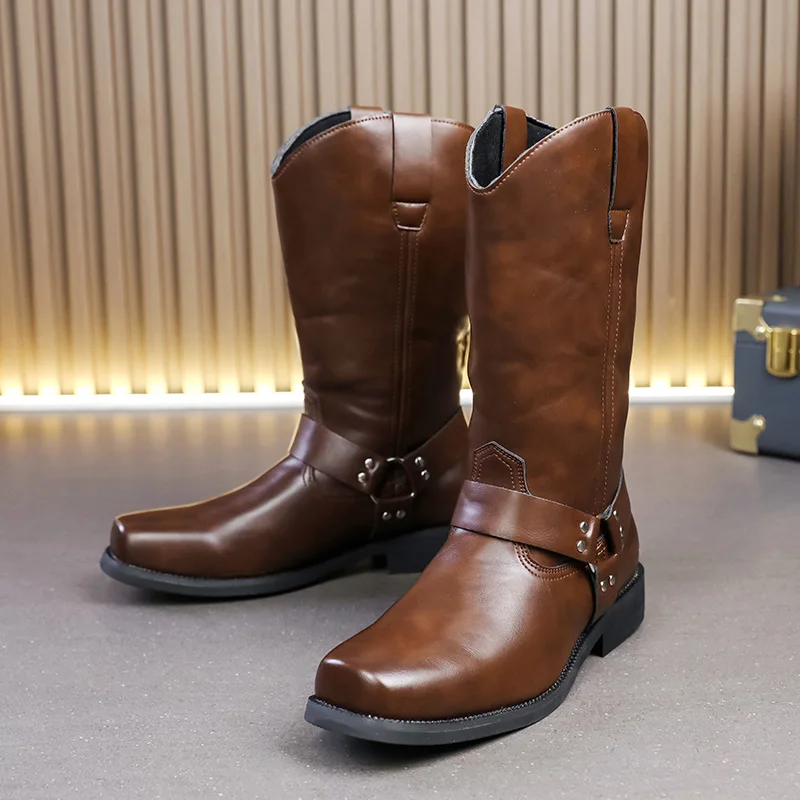 men fashion stage nightclub high boots black brown square toe shoes cowboy original leather boot handsome long motorcycle botas