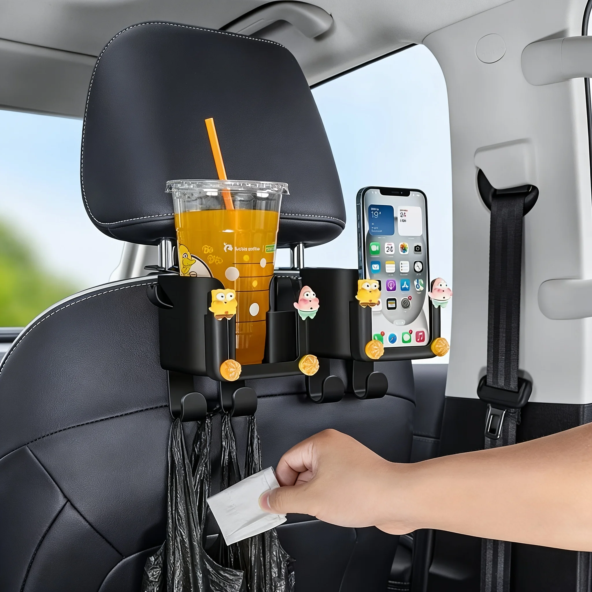 Car Mounted Rear Drainage Cup Holder. No Punching Required. Seat Backrest Cup Holder. Phone Holder Garbage Bag Hook Three in One