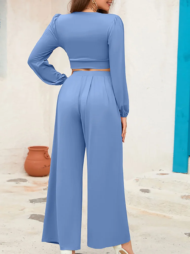 Drauuing Women Solid Top And Pants Outfits Chic Female Wide Leg Pants Office Two Piece Set V Neck Pockets Trousers Matching Suit