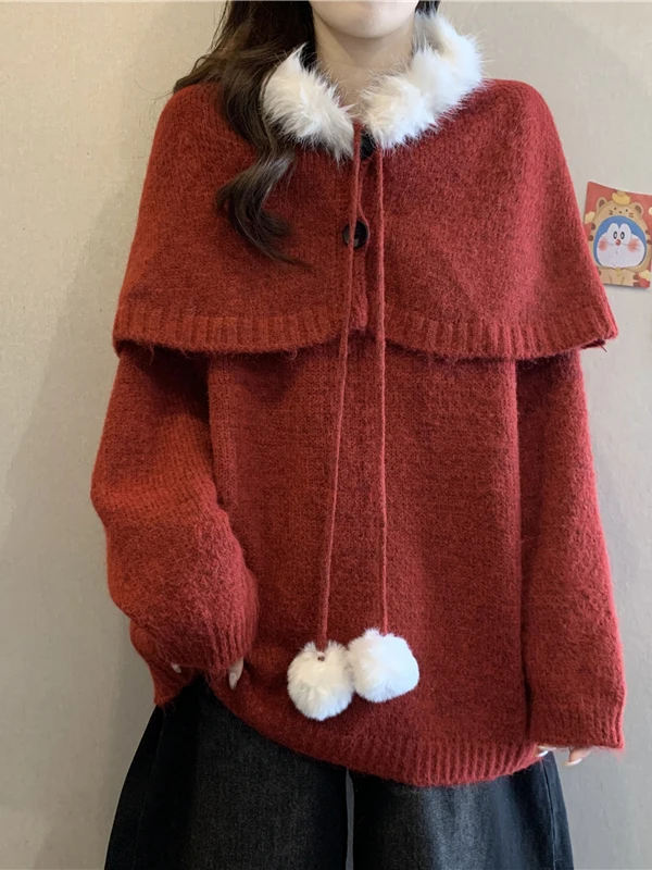 

Christmas Atmosphere Knitted Sweater Women's plus Size Lazy Style Fleece Shawl Top And Bottom Set Korean Style Loose Fit