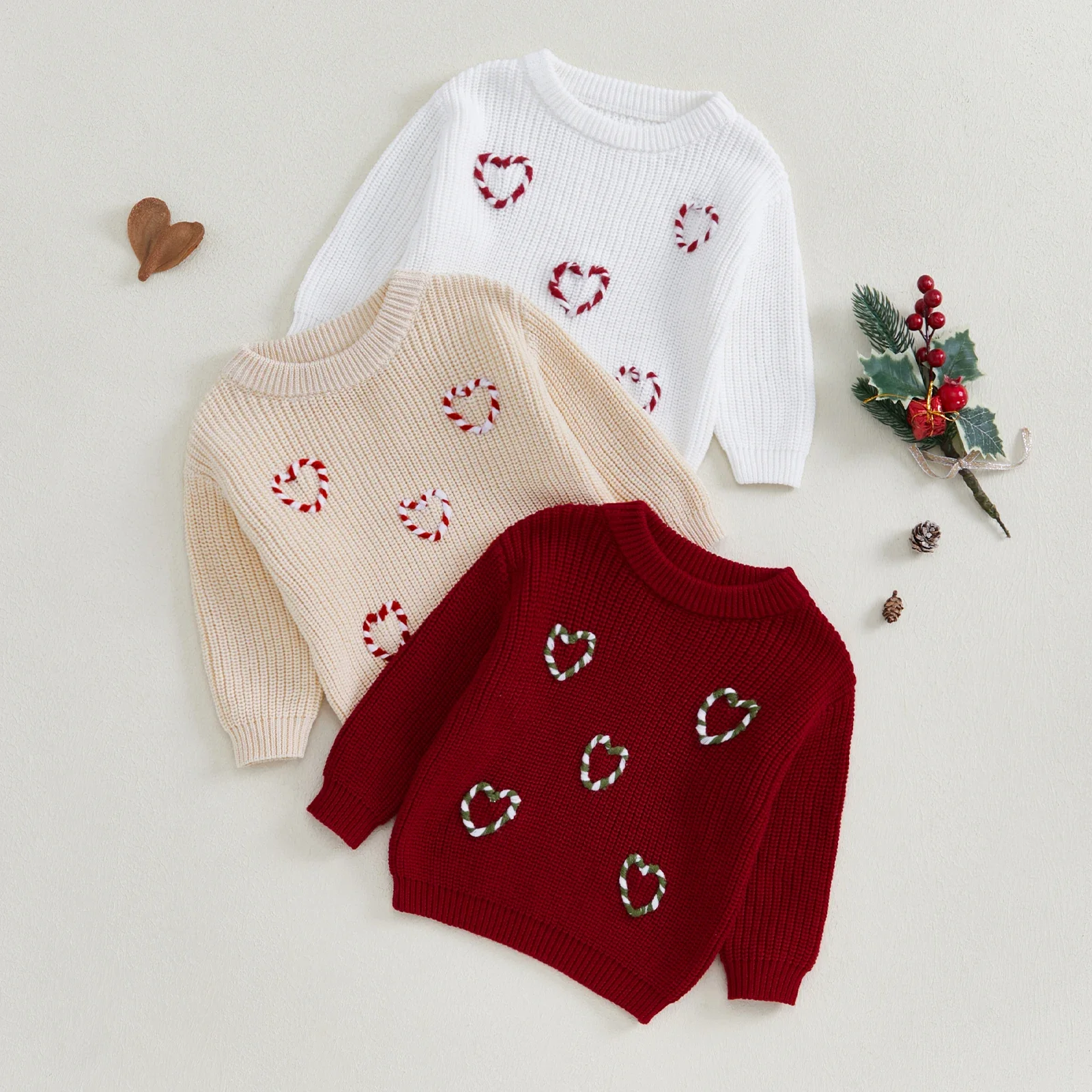 SUNSIOM 0-3 Years Baby Christmas Sweaters Long Sleeve Heart Shaped Candy Cane Embroidery Knit Pullovers Infant Jumper Tops