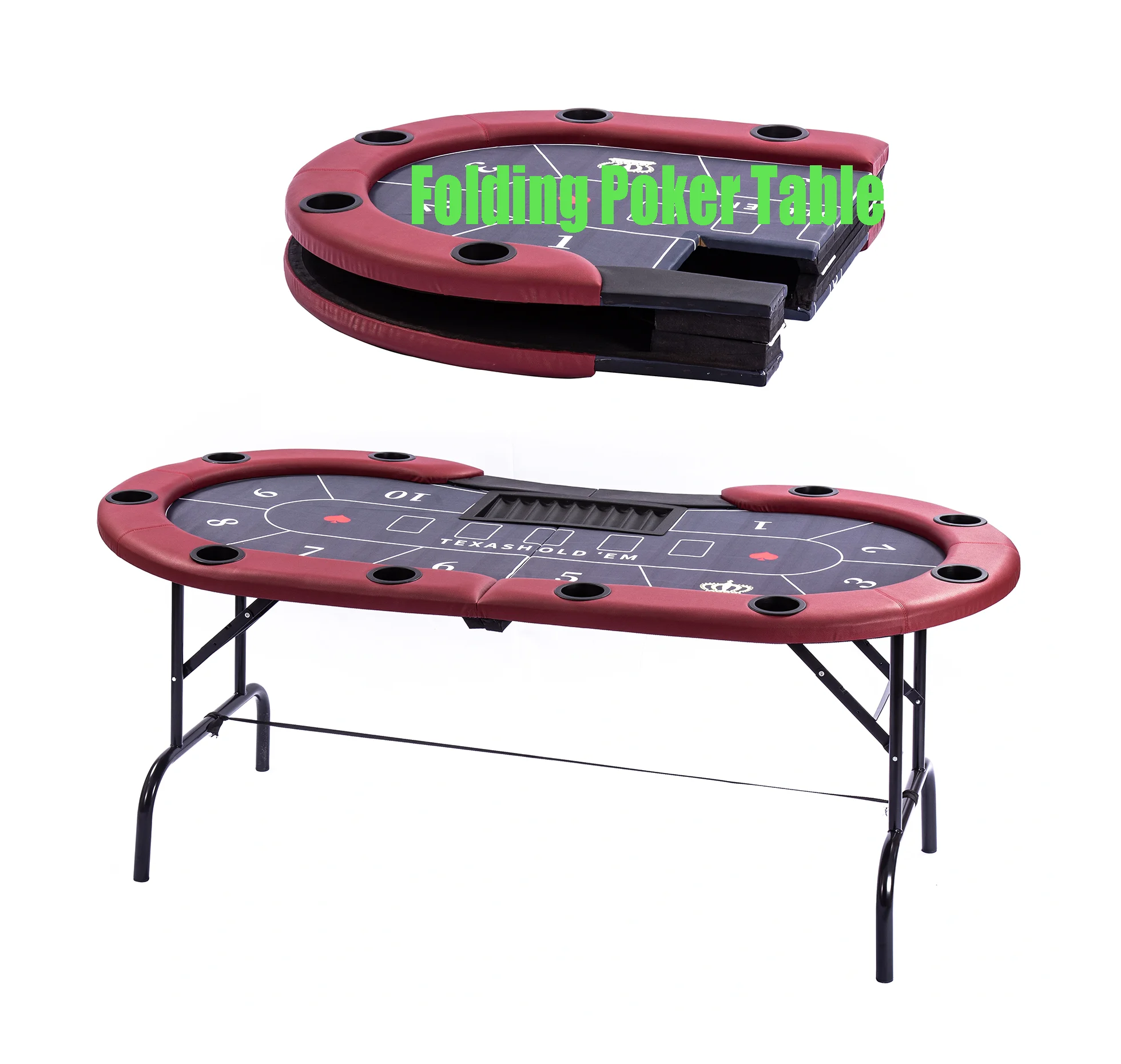 

Custom Logo 10 Player Professional Casino Oval Texas Hold'em Poker Table Foldable Top Leg Design for Home Play Card Game Mahjong