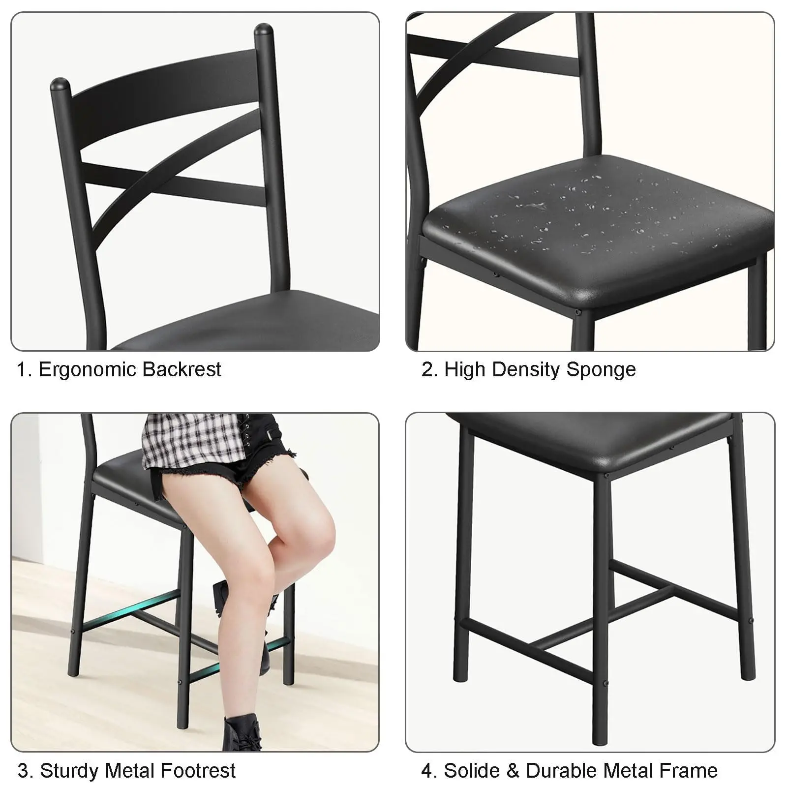 Juego de 4 Taburetes de Bar de 26 Pulgadas, Sillas de Bar Altas con Respaldo y Cojín Grueso, Sillas de Comedor Tapizadas con Asiento Acolchado, Taburetes para Isla de Cocina, Bar, Comedor, Negro Moderno