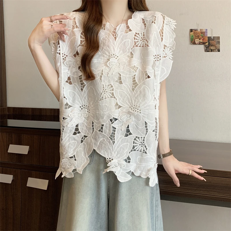 Summer Loose Pullover Blouse Sleeveless Women Embroidered Knitted Vest Shirt Fashion Hook Flower Hollow Tops