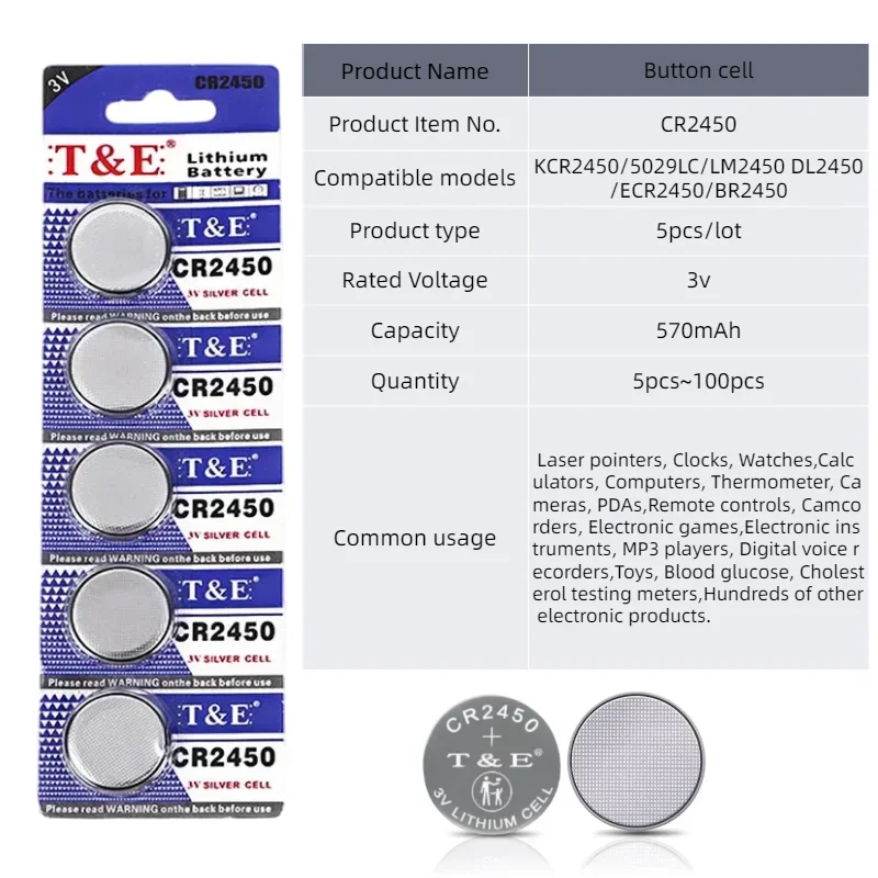 top5-100PCS CR2450 3V 570mAh Buttom Battery KCR2450 LM2450 DL2450 ECR2450 BR2450 For Watch Toys Remote Electronic Scales