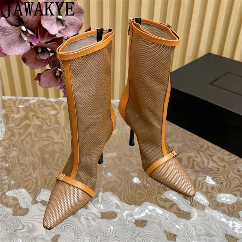 Mesh Pointy Toe Mid Calf Boots Women Quality Chelsea Short Boots 2024 Autumn New Hollow Runway Fashion Week Party Boots Woman