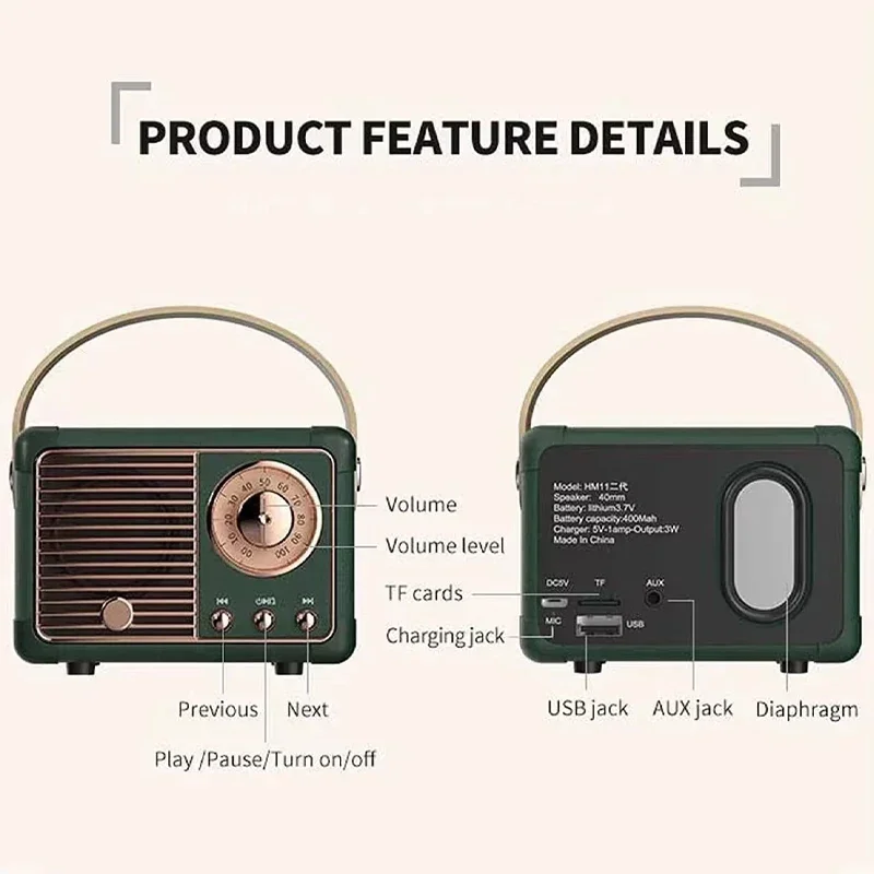 HM11 Portable Bluetooth Speaker Wireless Bass Subwoofer Outdoor For Car Stereo Loudspeaker Mini Retro Music Box for Ios/android