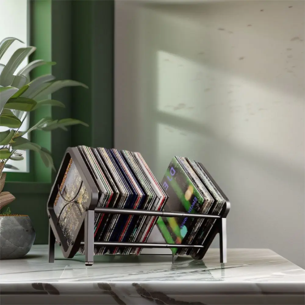 

Держатель для виниловых пластинок из углеродистой стали, черный, регулируемый, одноярусный, большой вместимости, противоскользящий, настольная полка для офиса