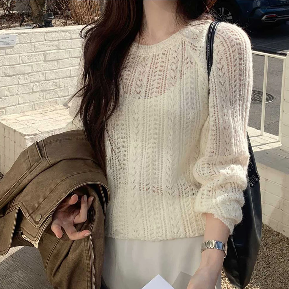 

Женский вязаный свитер, летний корейский свитер с вырезами, длинный свек, тяжелый рабочий сексуальный топ с накидкой, однотонный топ