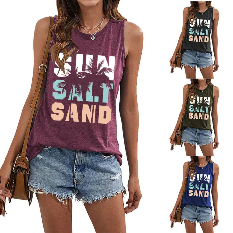 

Summer Beach travel women's casual polo neck sports vest sleeveless letters sun salt sand printed cotton blouse