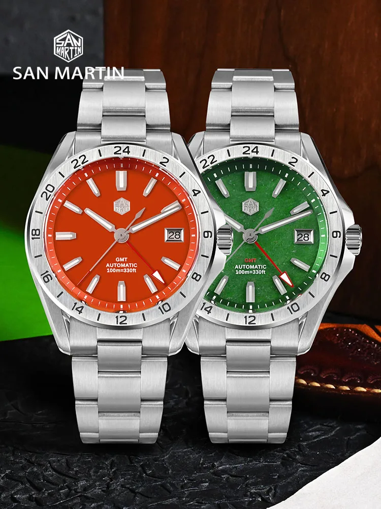 San Martin jam tangan pria, 39mm Aventurine batu permata Dial mewah NH34 GMT otomatis mekanis safir tahan air bercahaya SN0129