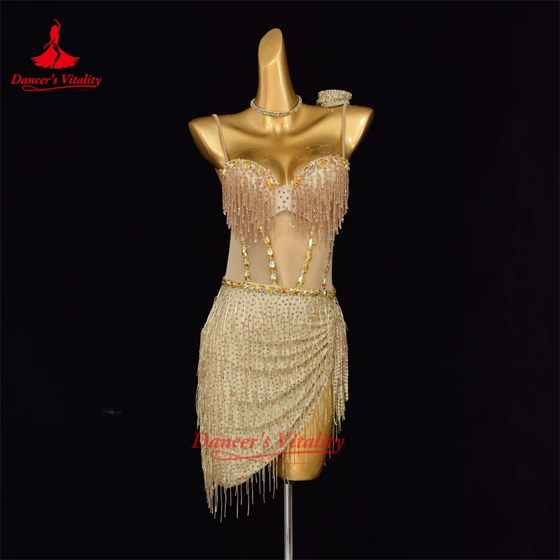 Latin Dance Costume Senior AB Stones Tassel Dress Adult and Child Customized Tango Samba Rumba Professional Competition Dresses