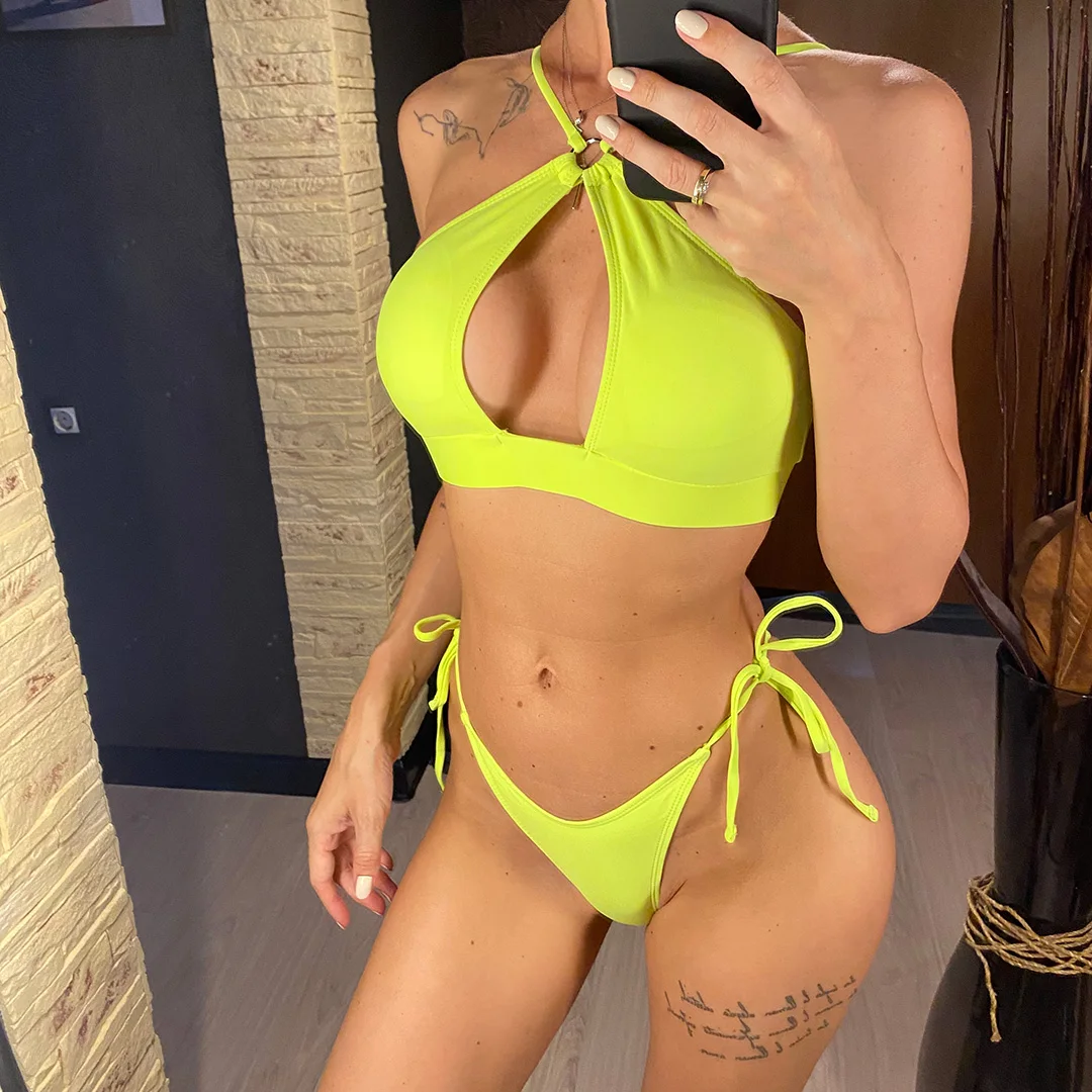 Ausgeschnittener Neckholder-Bikini, Damen-Badeanzug, zweiteiliges Bikini-Set, gepolstert, mit Trägern, Badebekleidung, Damen-Badeanzug, V3423 – Detail 23