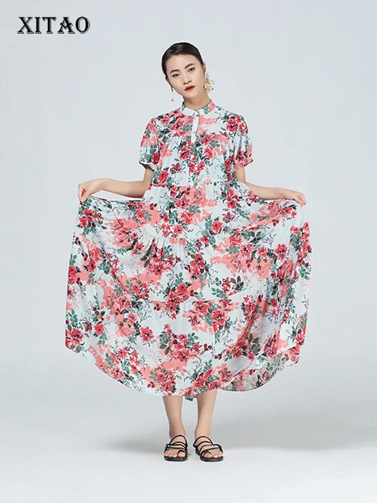 

XITAO Large Size Chiffon Print Dress Summer New Casual Loose Folds Splicing Stand Collar Vintage Small Floral Women CLL1326