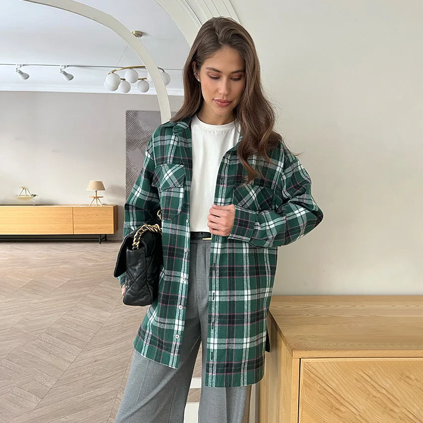 

American Street Green Plaid Shirt Women's Spring Loose Outer Lapel Long-sleeved Shirt Women's Clothing