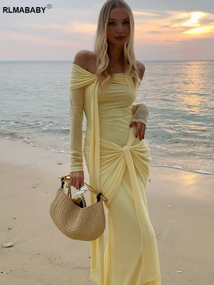 RLMABABY Sexy schulterfreies, gerüschtes, drapiertes Damen-Bodycon-Maxikleid, elegantes, rückenfreies Bandage-Party-gelbes, dünnes langes Kleid