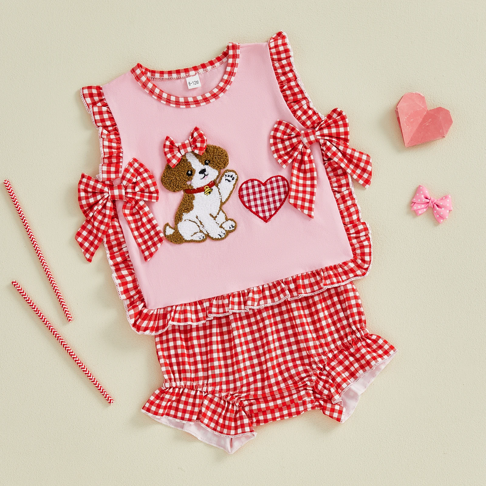 

Одежда на День Святого Валентина для новорожденных девочек 0-18 месяцев, топы на бретелях с вышивкой в виде сердца и клетчатыми шортами, комплекты одежды из 2 предметов